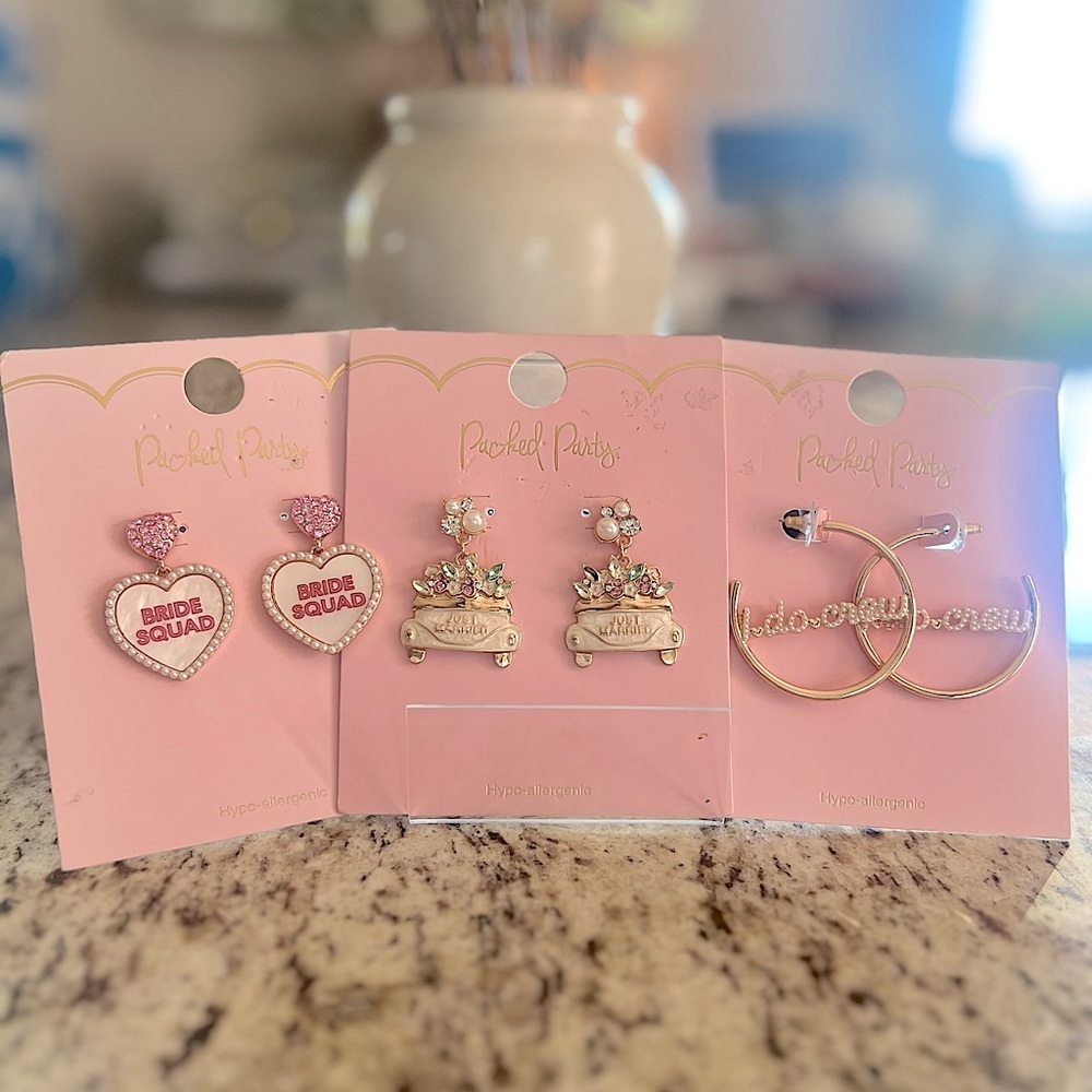 Bride Bridesmaid Earrings 3 piece set by Packed Party NEW Hypoallergenic